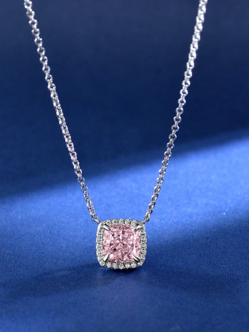 Pink [P 2052] 925 Sterling Silver High Carbon Diamond Square Luxury Necklace